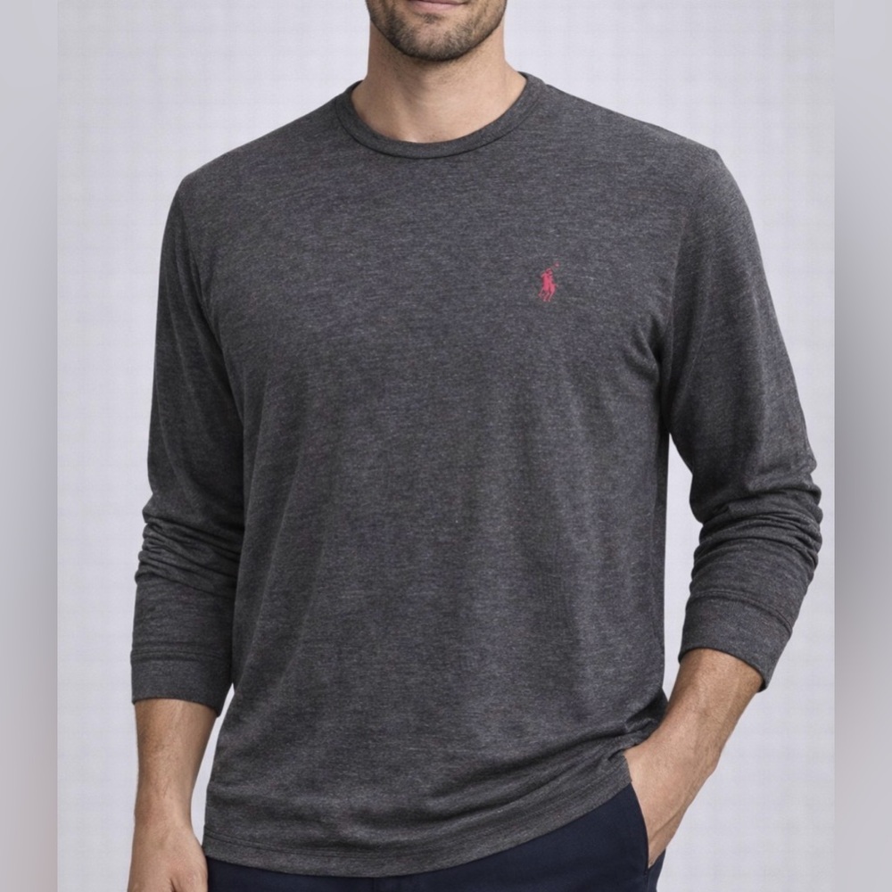 -Polo Ralph Lauren L/S Crewneck Tee Shirt Charcoal Chambray/Maroon Rider Men XXL